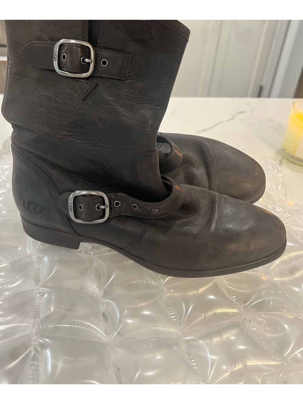 UGG women’s dark brown Leather moto boots SZ 6